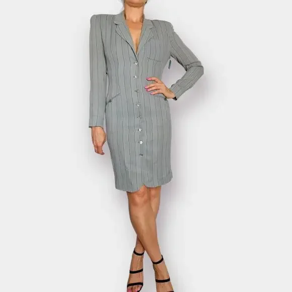 Vintage 90s Tahari Gray Black Striped Blazer Dress - Picture 5 of 7